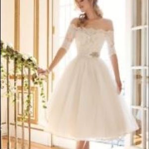 Off Shoulder Tea Length Wedding Dress Bridal Gown